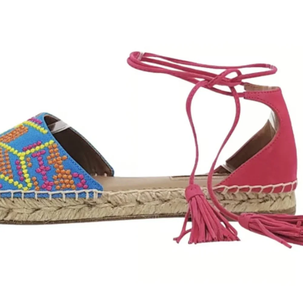 NEW Aquazzura Palm Springs Tassel Espadrille Sandals Size 38 Pink Blue S…
